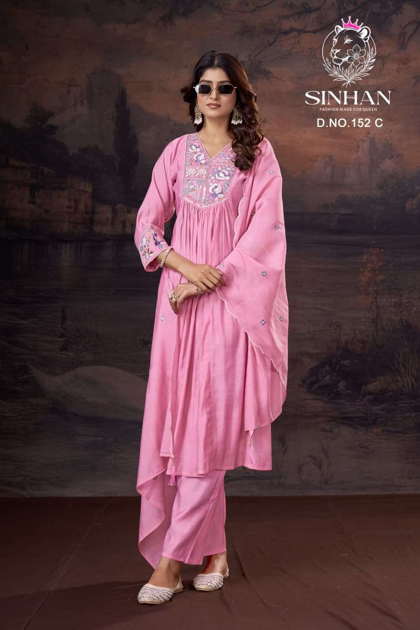 SINHAN 152 ABC BOUTIQUE CHANDERI WITH COTTON INNER KURTI PANT SUIT CATALOGUE SURAT 